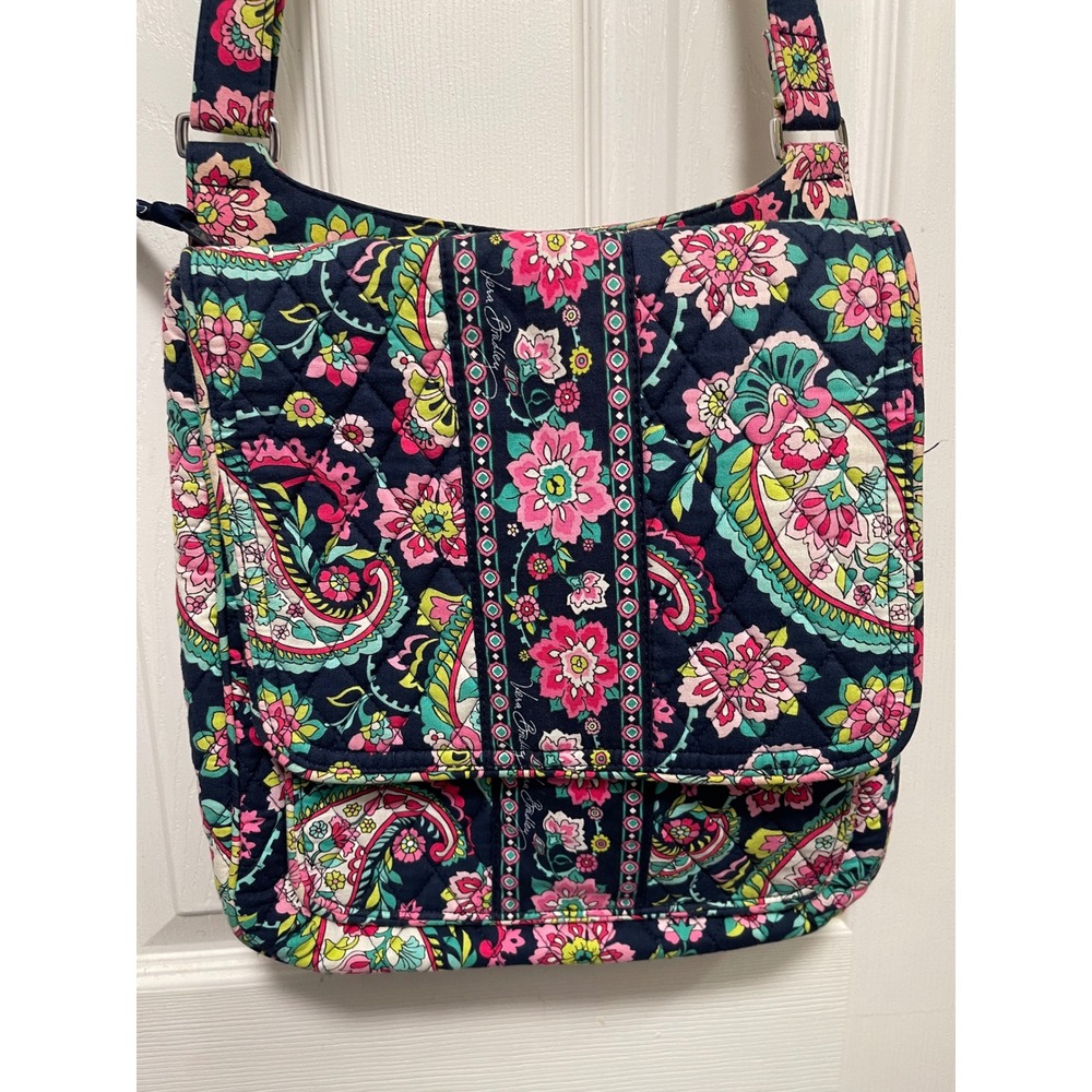 Vera Bradley Midnight Paisley Quilted Cotton Crossbody Messenger Bag Navy Pink